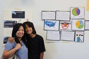 male and female wearing blue shirt standing next to poster