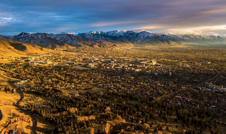 arial view of the salt lake valley during a golden sunset