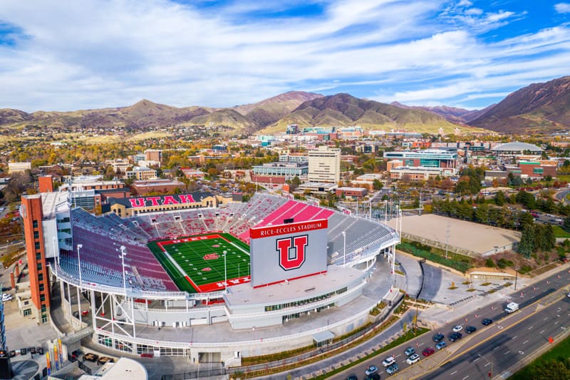 the U of U stadium from above with campus and the eastern mountains in the background