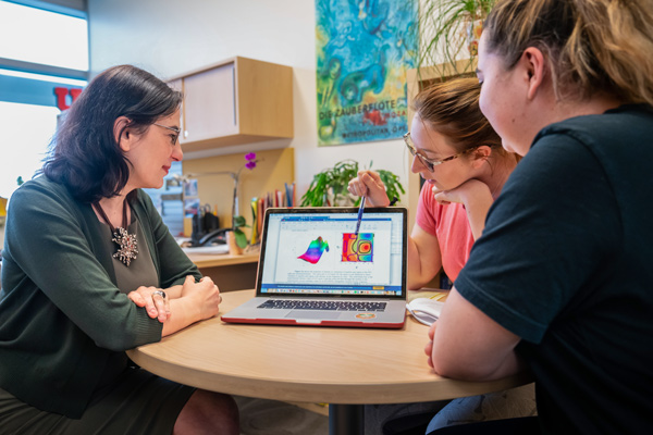 Faculty member reviewing data on a laptop with students in their office