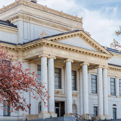 Angled view of a park building during spring