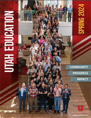 spring 2024 front page cover with faculty on stairs flashing the u